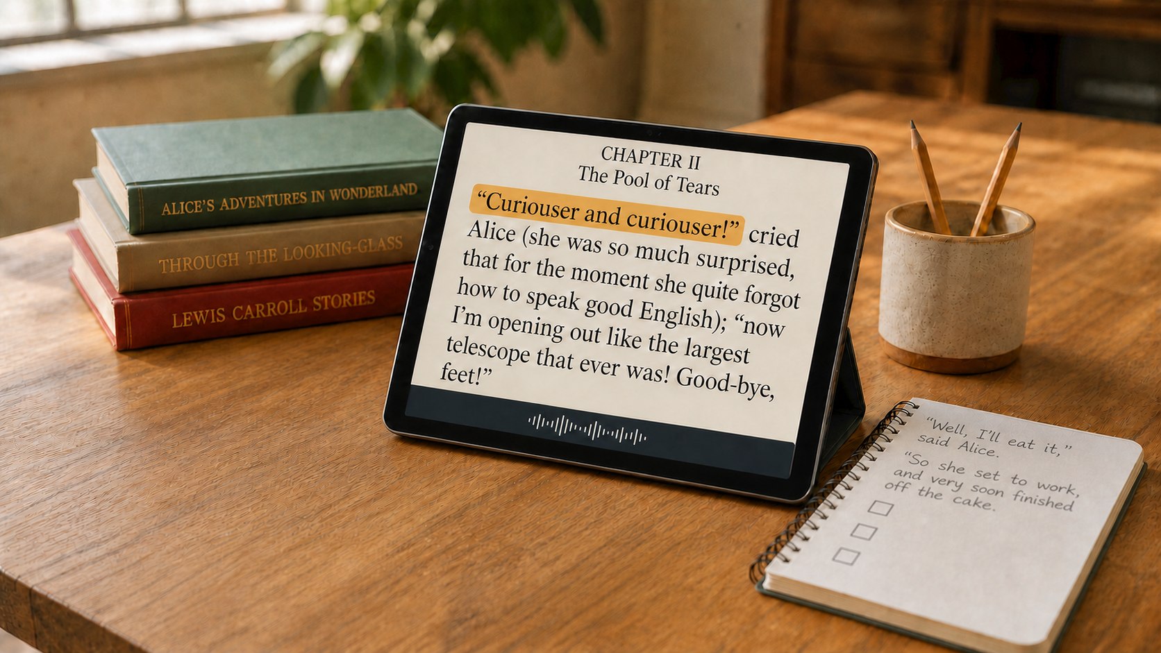 Tablet showing Alice in Wonderland read-along text beside books, pencils and a handwritten notebook on a sunlit table