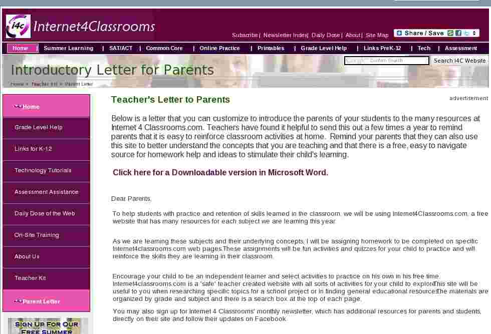 Letter For Parents: Teacher Kit For Internet4Classrooms