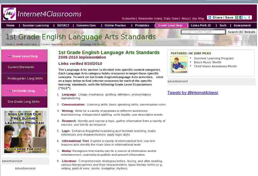 1st Grade English Language Arts Standards