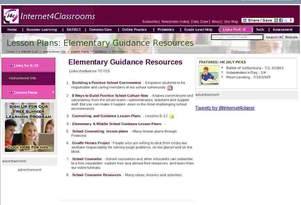 Elementary Guidance Lesson Plan Resources At Internet 4 Classrooms