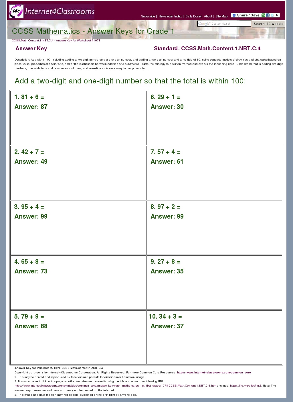 Answer Key Download Worksheet 1078 CCSS Math Content 1 NBT C 4