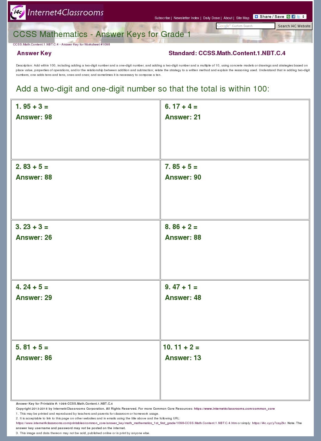 Answer Key Download - Worksheet #1098. CCSS.Math.Content.1.NBT.C.4