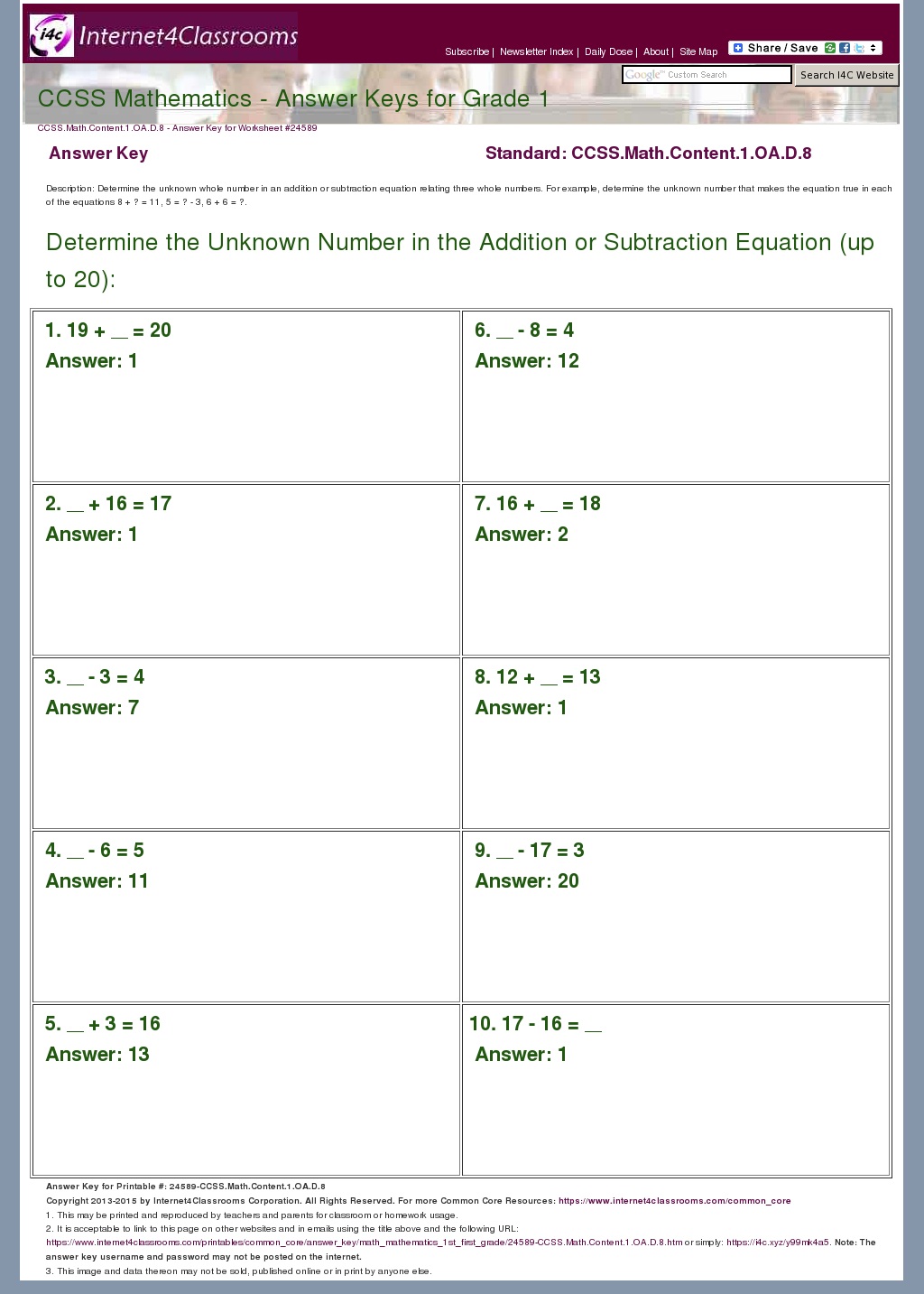 Answer Key Download Worksheet 24589 CCSS Math Content 1 OA D 8