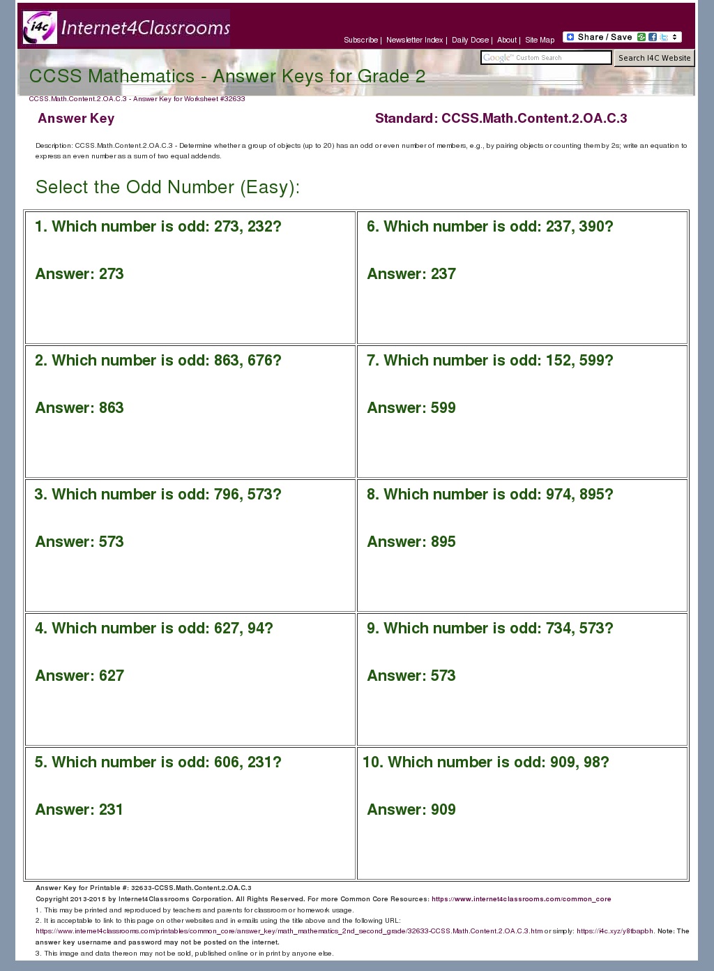 Answer Key Download Worksheet 32633 CCSS Math Content 2 OA C 3