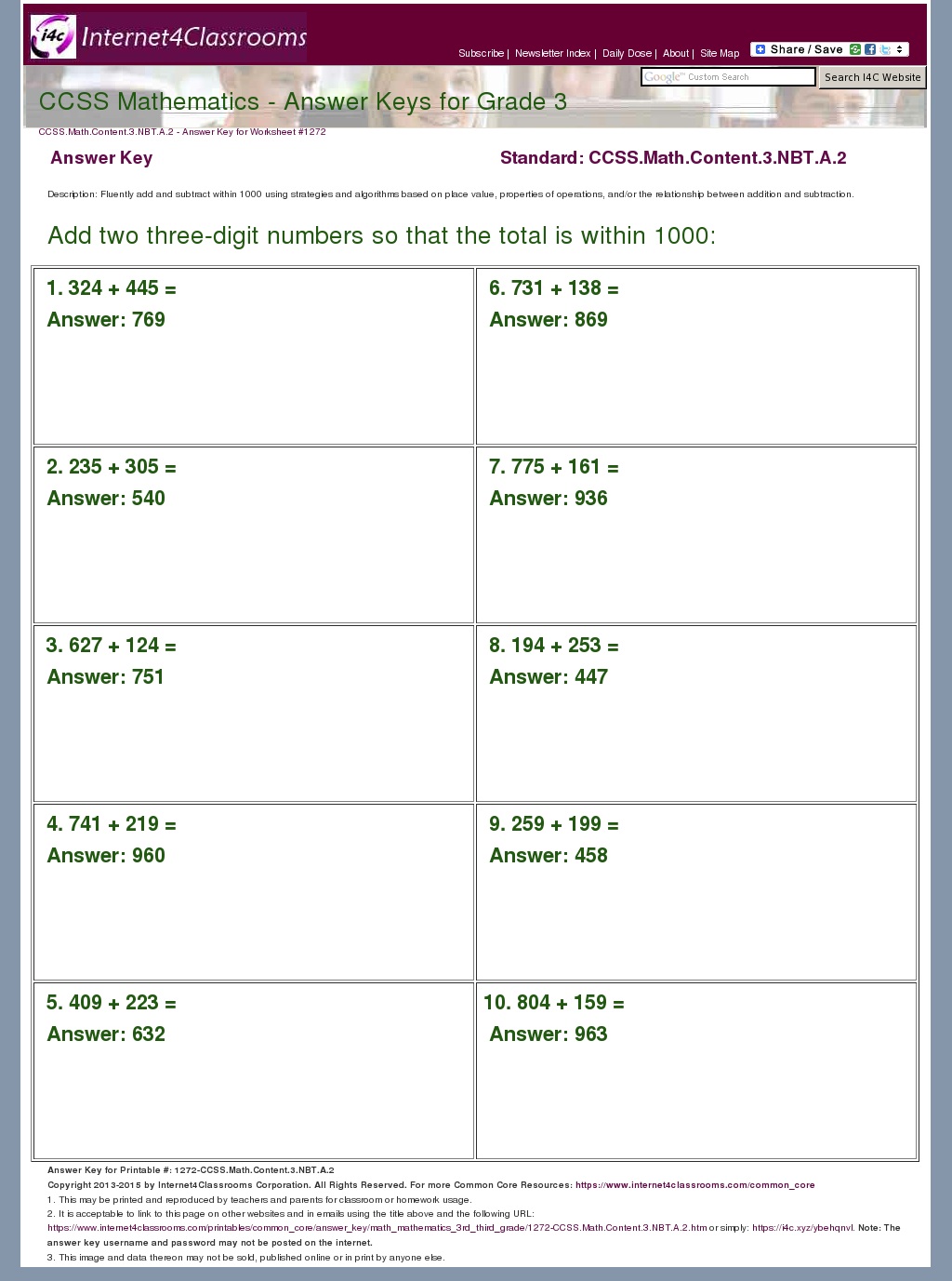 Answer Key Download Worksheet 1272 CCSS Math Content 3 NBT A 2