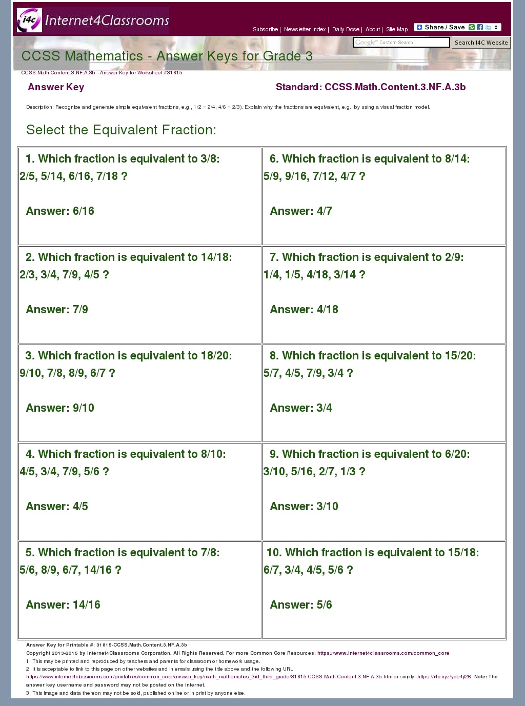 Answer Key Download Worksheet 31815 CCSS Math Content 3 NF A 3b