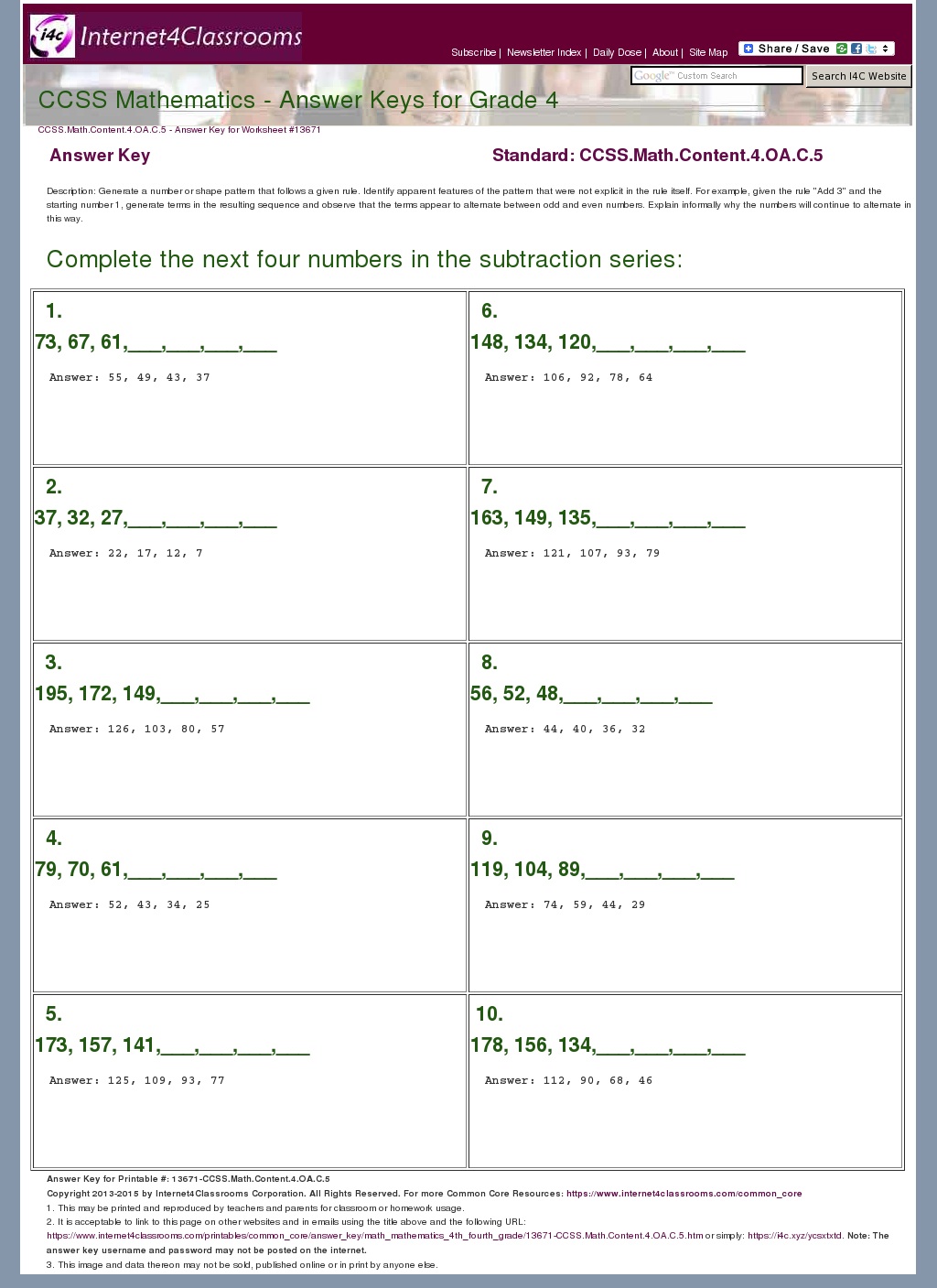 Answer Key Download - Worksheet #13671. CCSS.Math.Content.4.OA.C.5