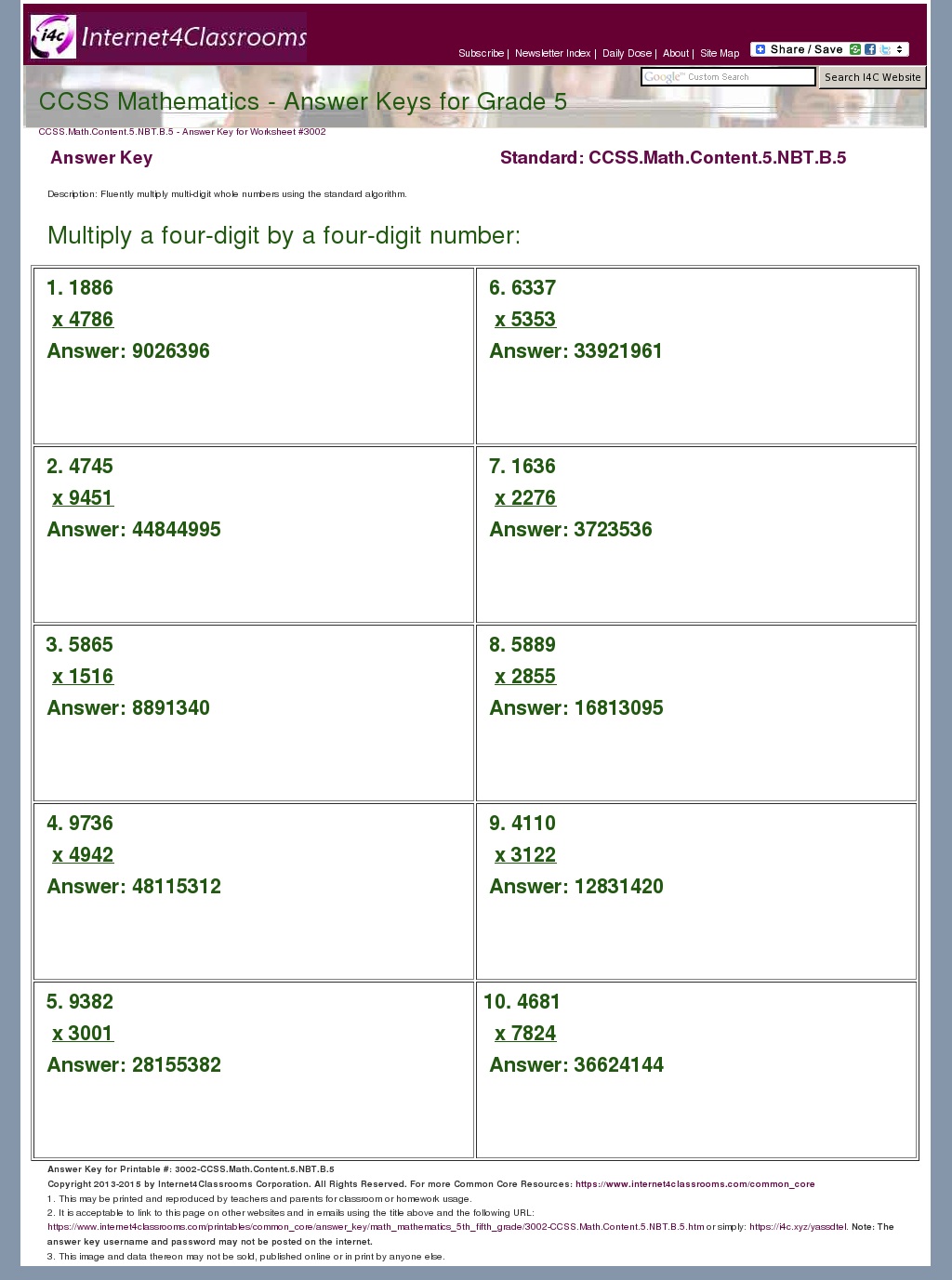 Answer Key Download Worksheet 3002 CCSS Math Content 5 NBT B 5