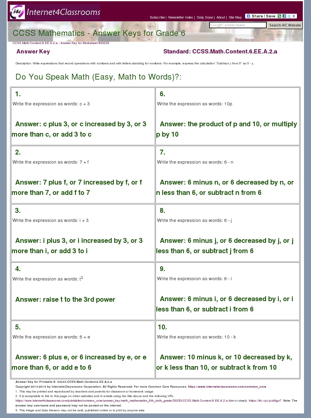 Answer Key Download Worksheet 33233 CCSS Math Content 6 EE A 2 a
