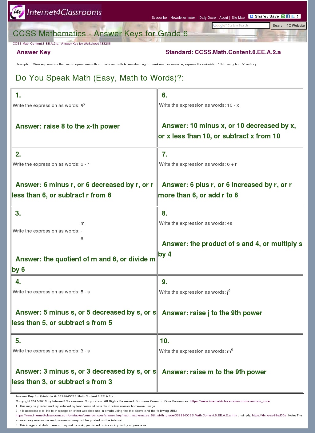 Answer Key Download Worksheet CCSS Math Content