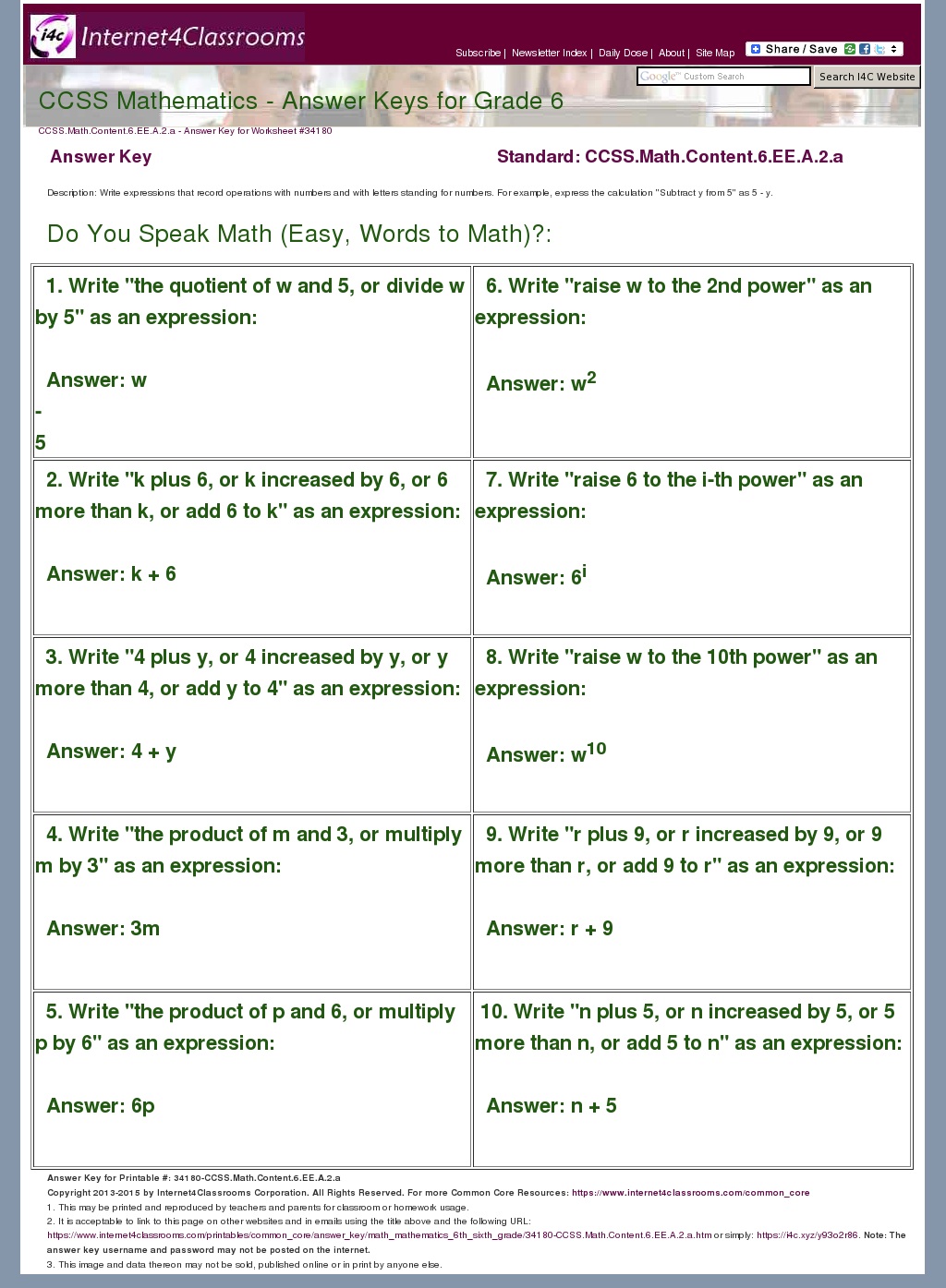 Answer Key Download Worksheet 34180 CCSS Math Content 6 EE A 2 a