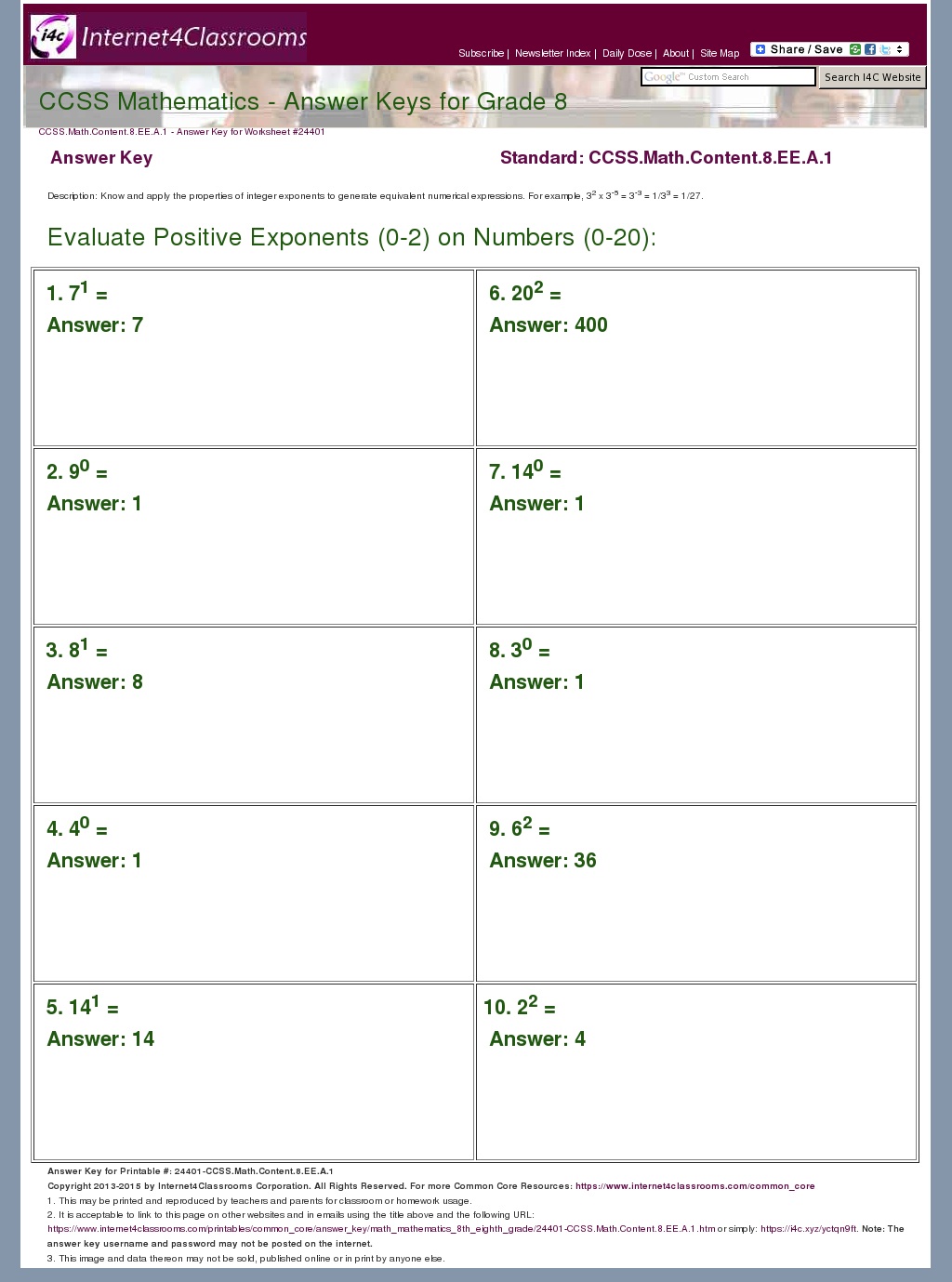 Answer Key Download - Worksheet #24401. CCSS.Math.Content.8.EE.A.1