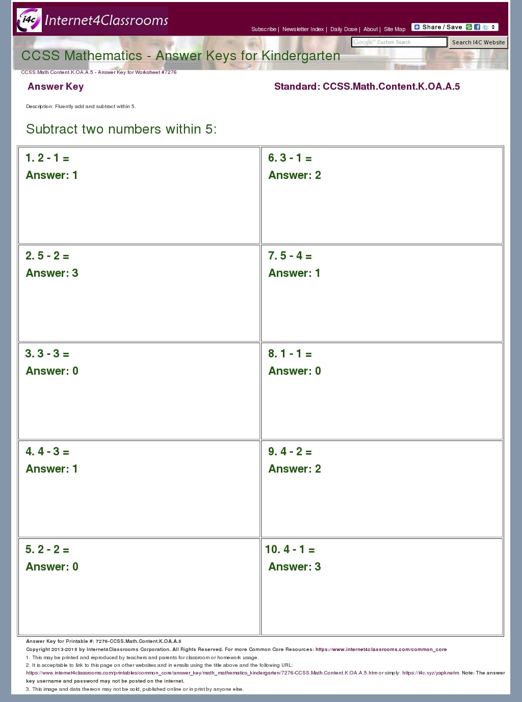 Answer Key Download Worksheet 7276 CCSS Math Content K OA A 5