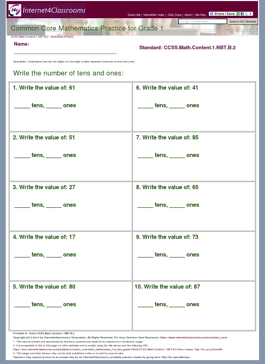 Description Download Worksheet 16422 CCSS Math Content 1 NBT B 2