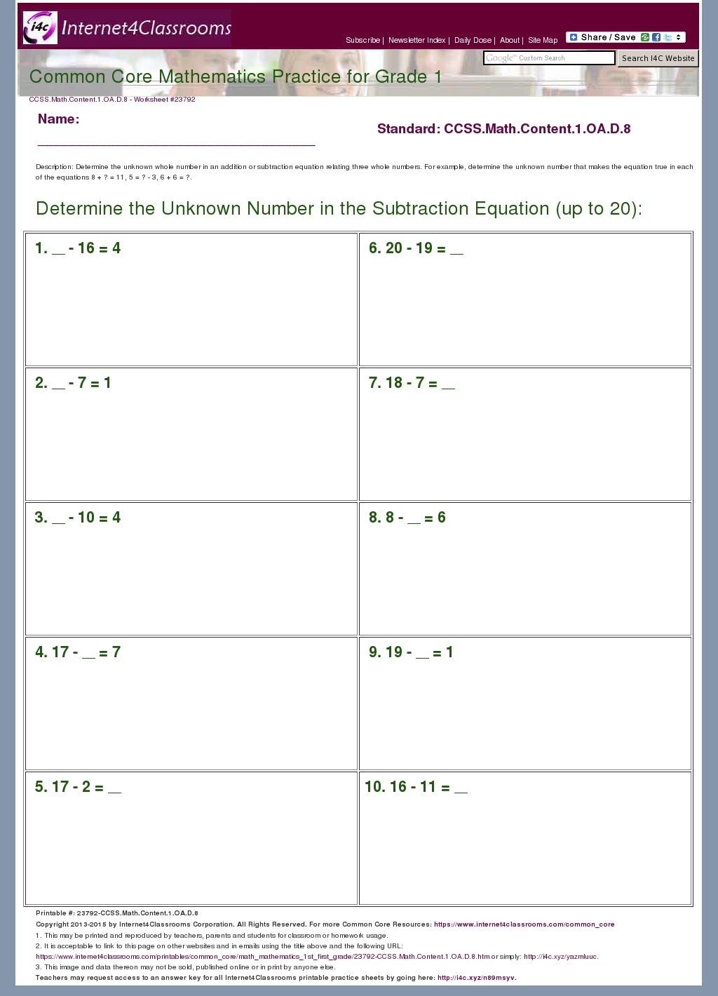 Description Download Worksheet 23792 CCSS Math Content 1 OA D 8