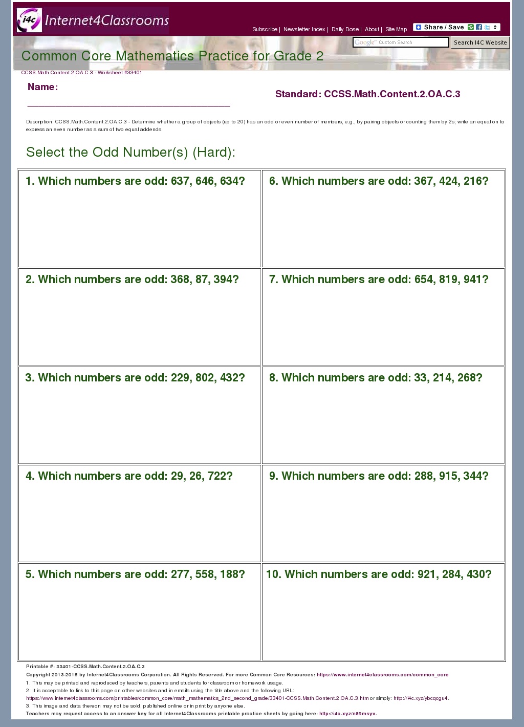 Description Download Worksheet 33401 CCSS Math Content 2 OA C 3