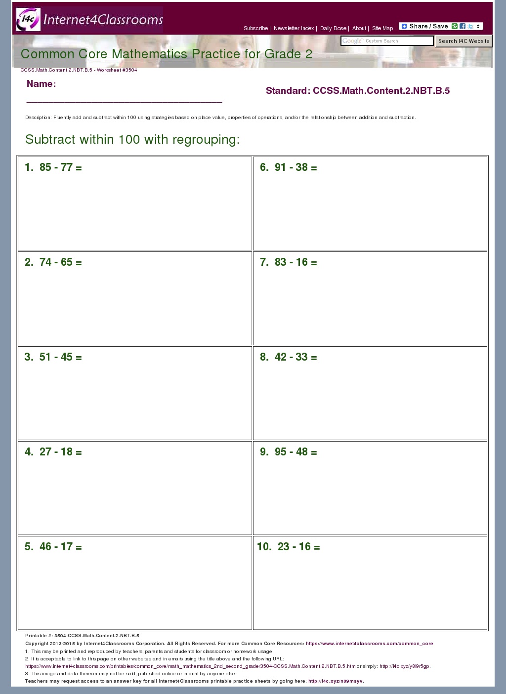 Description Download Worksheet 3504 CCSS Math Content 2 NBT B 5