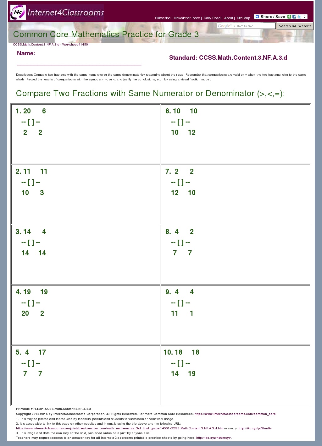 Description Download Worksheet 14501 CCSS Math Content 3 NF A 3 d