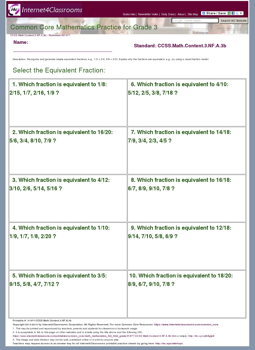 Description Download Worksheet 31877 CCSS Math Content 3 NF A 3b