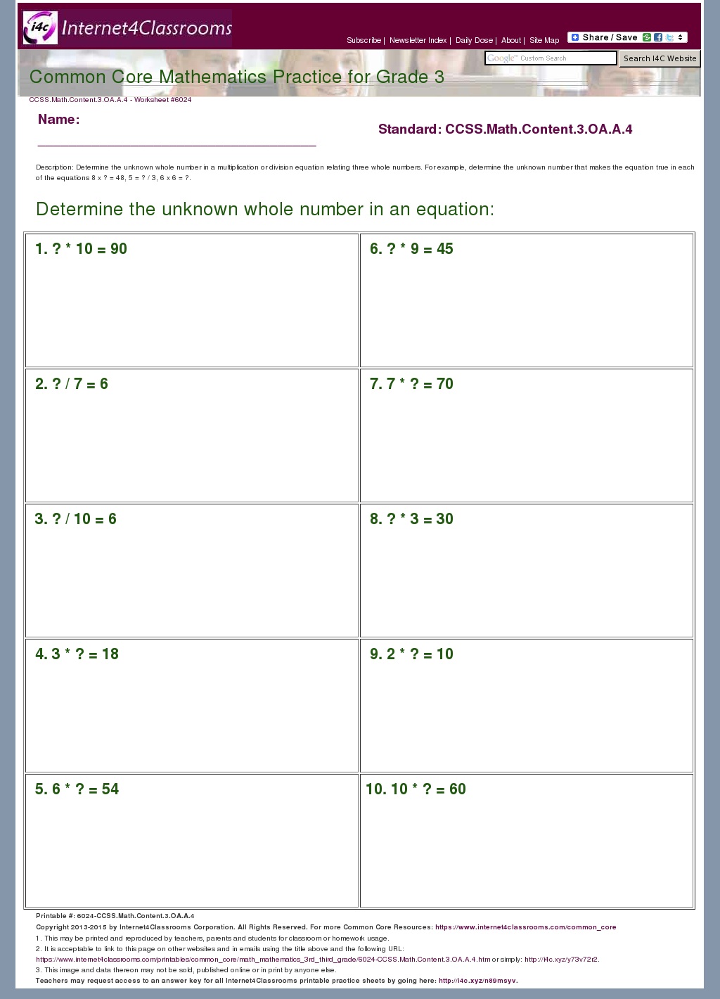 Description Download Worksheet 6024 CCSS Math Content 3 OA A 4