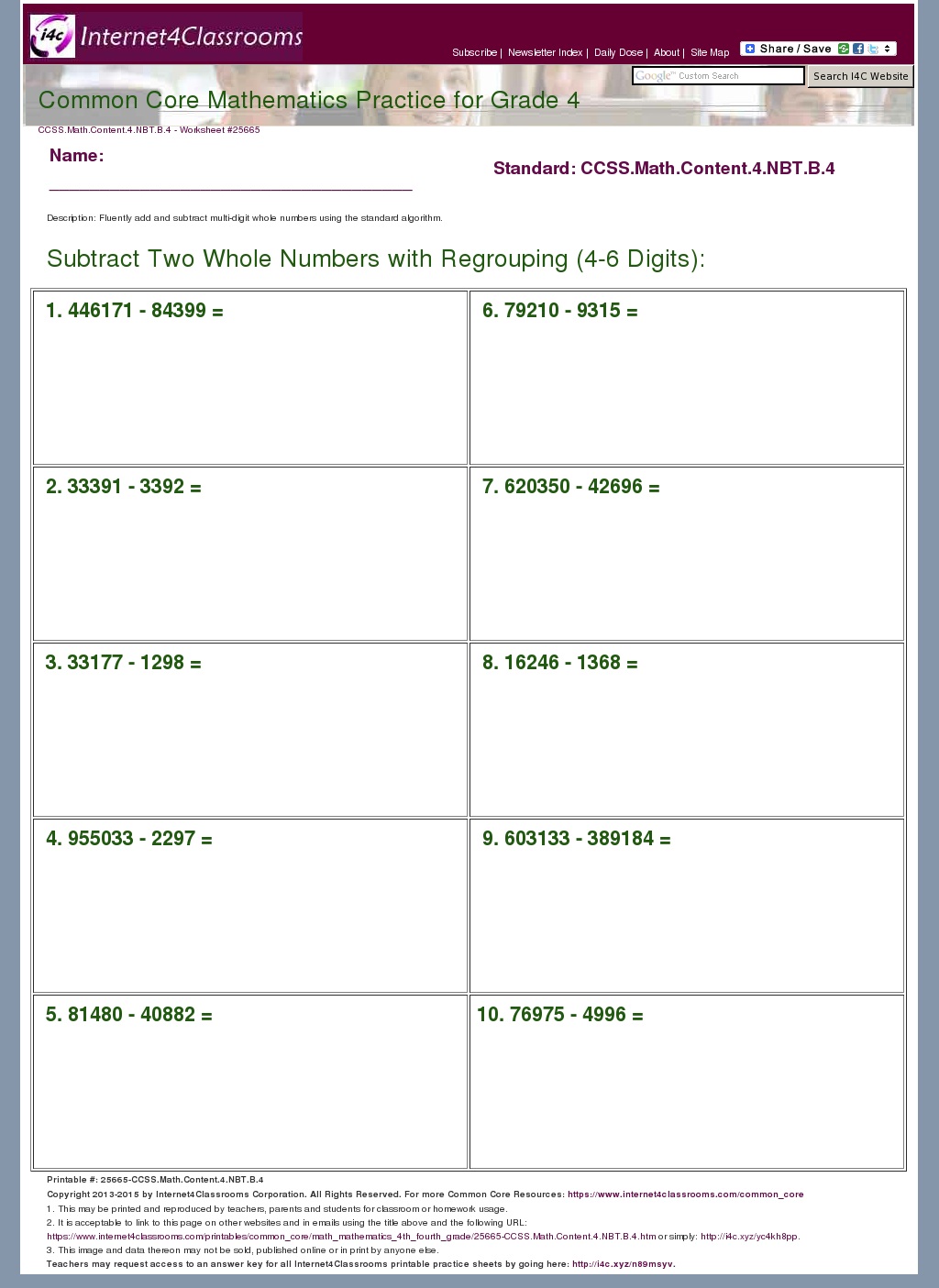 Description Download Worksheet 25665 CCSS Math Content 4 NBT B 4