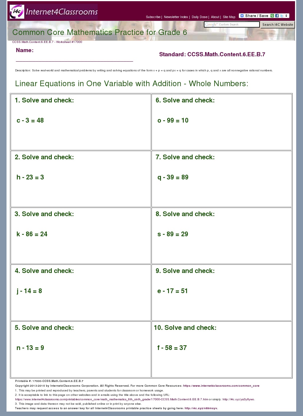 Description Download Worksheet 17000 CCSS Math Content 6 EE B 7