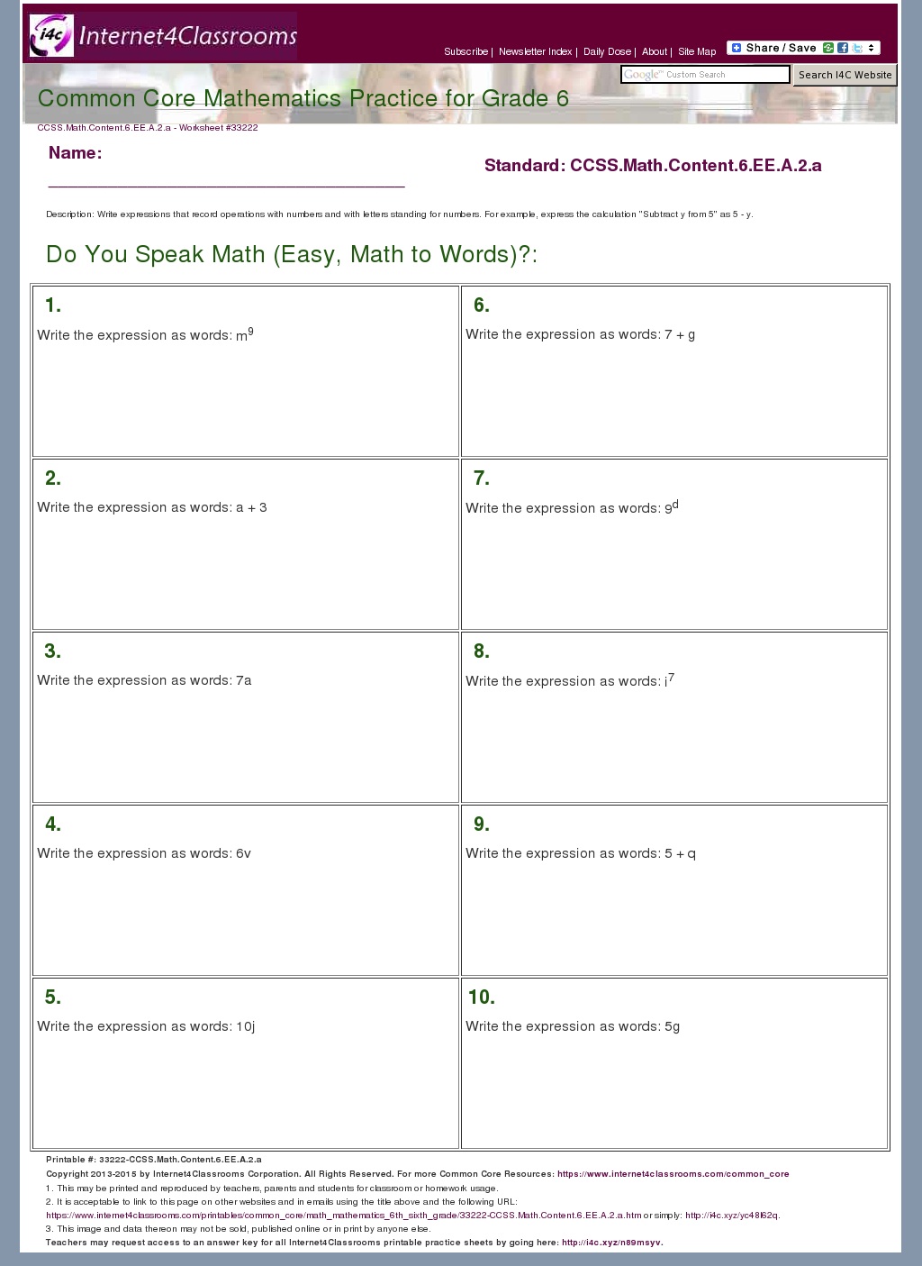 Description Download Worksheet 33222 CCSS Math Content 6 EE A 2 a